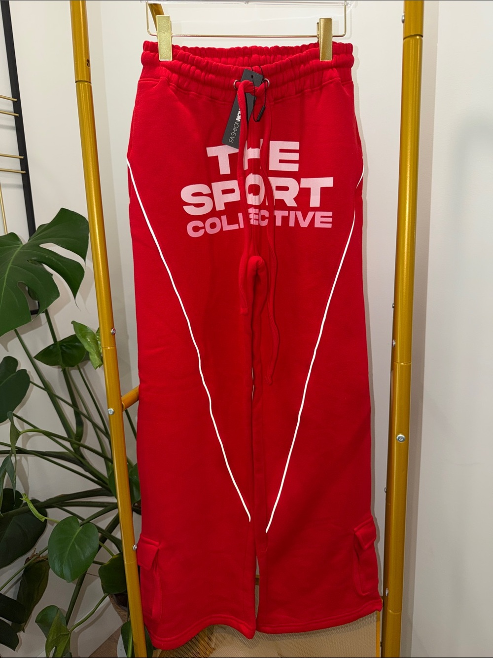 Fashion Nova Red Track Joggers with White Piping